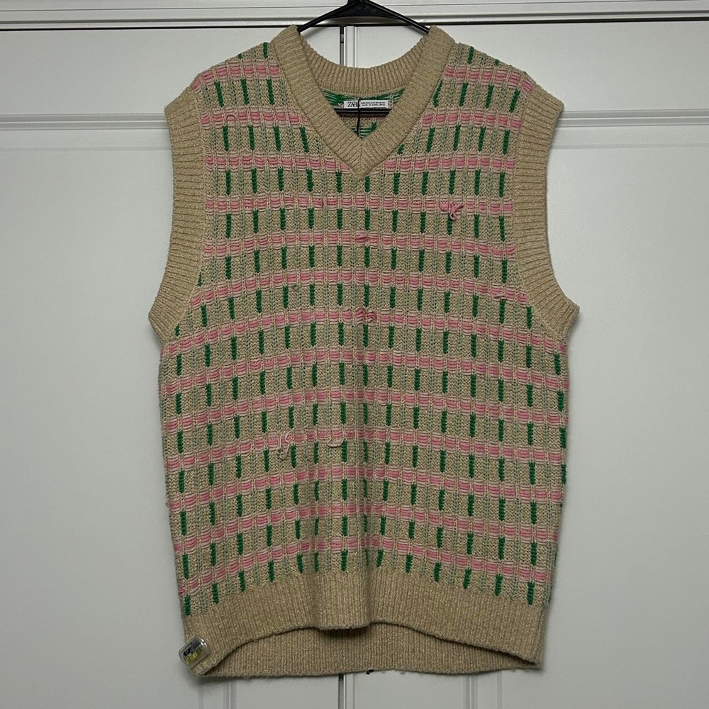 Zara Mens Sweater Vest Knit Tan Pink Green Geometric V-Neck Grampacore Large